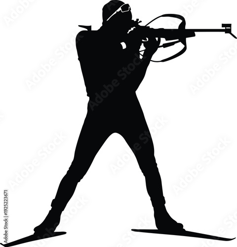 Biathlete aiming with a rifle while cross country skiing a striking silhouette