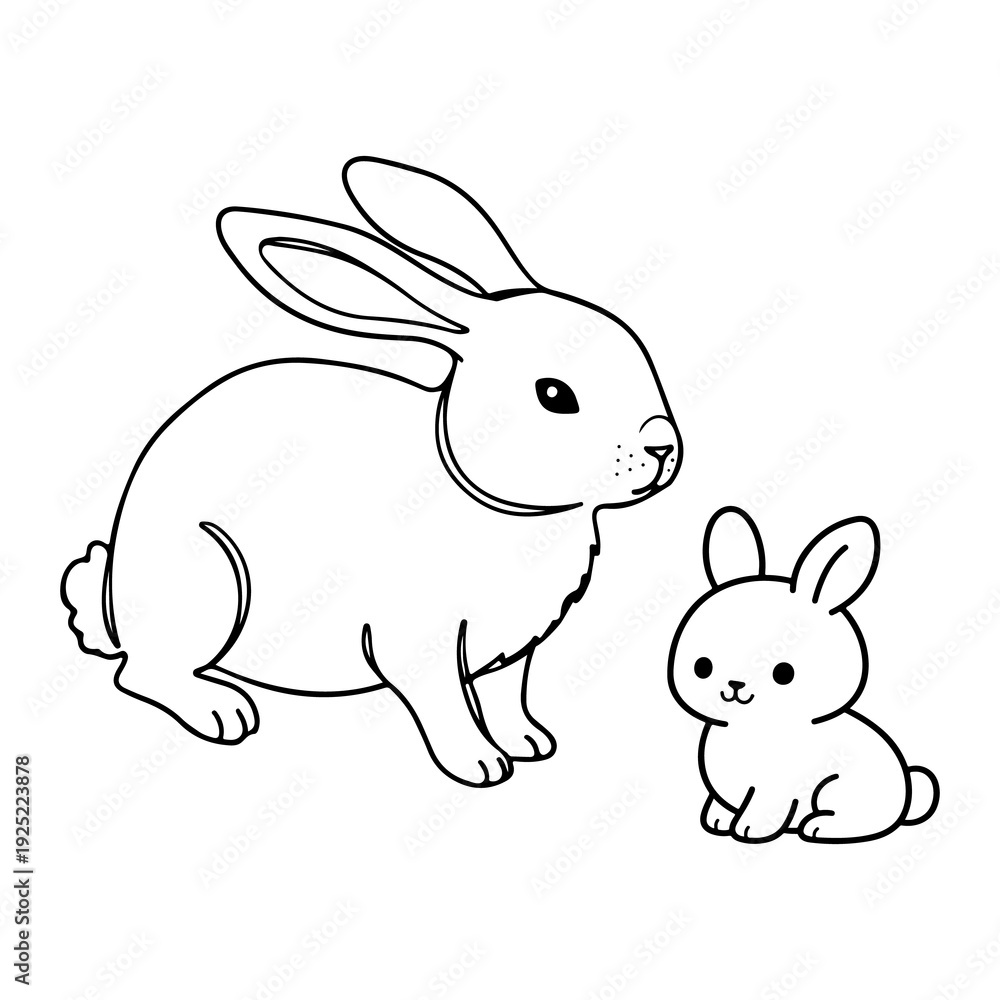 Fototapeta premium Cute mother and baby rabbit vector line art