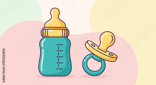 Baby Bottle and Pacifier Illustration, Infant Feeding Bottle with Measurement Marks and Cute Baby Soother, Newborn Care Accessories Cartoon Style, Baby Feeding and Nursery Essentials Concept