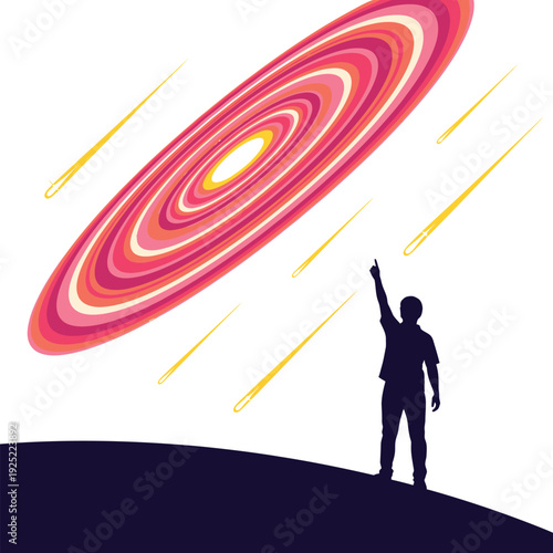 Silhouette of a man standing on a hill reaching toward a vibrant vector spiral in the sky.