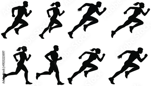 Repeating black runner silhouettes on a black background representing running fitness motion and speed.
