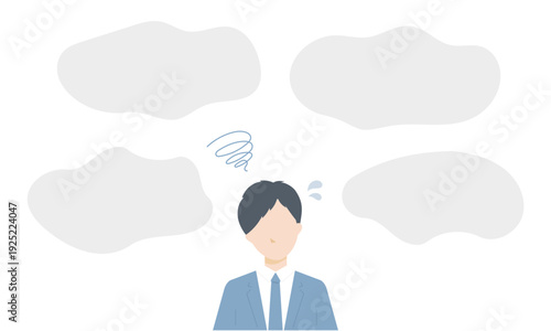 悩むスーツ姿のビジネスマンと吹き出しのベクターイラスト（問題・課題・相談）
