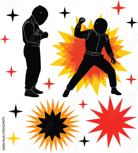 Vector of two men in silhouette, one kickboxing and another in defense pose