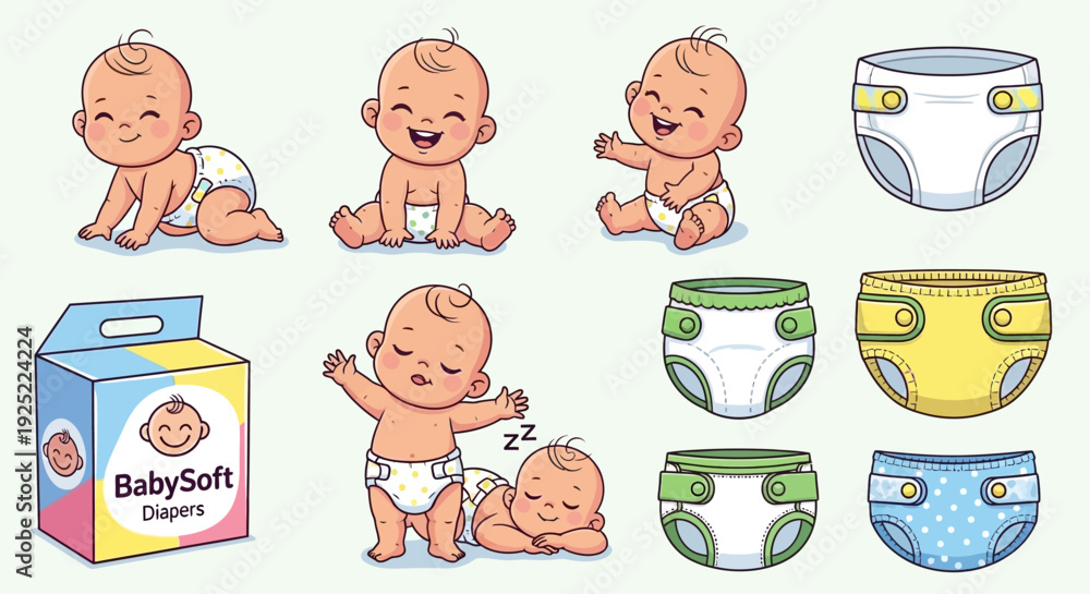 Fototapeta premium Cute Baby Activities and Diaper Collection Illustration Set, Crawling Sitting and Laughing Babies with Different Color Diapers and Baby Powder Box, Infant Care Items and Newborn Cartoon Characters