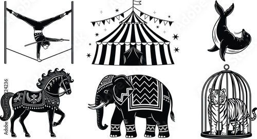 Circus, elements, collection, big, top, tent, acrobat, elephant, tiger, horse, seal, carnival, show, performance, entertainment, vintage icons, set flavector, isolated.