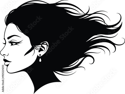 Side profile  vector of a woman with flowing hair and an earring for a stylish look
