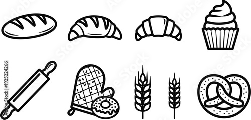 Icon bundle baking elements croissant muffin bread pretzel rolling pin oven mitt wheat