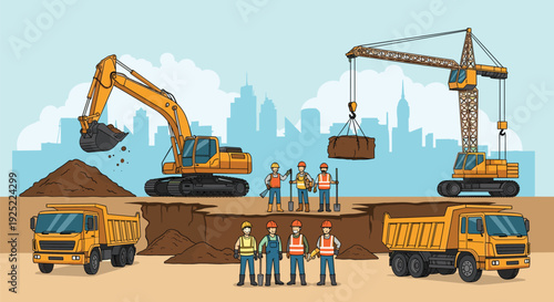Busy construction site with excavator crane dump trucks and workers performing large scale urban excavation project heavy machinery operation infrastructure development illustration