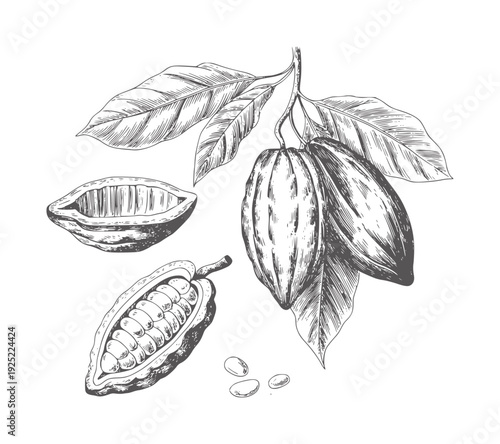 Black and white botanical of cocoa pods and beans cacao leaf