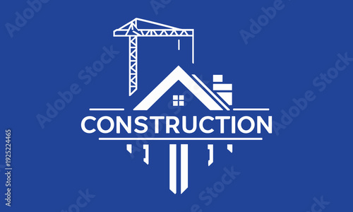 Construction company logo with crane and house roof, modern building contractor vector illustration isolated for real estate and corporate branding design