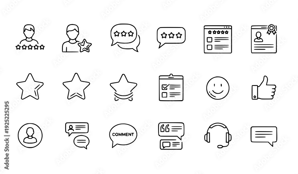 Fototapeta premium A set of line art icons representing customer review and feedback concepts