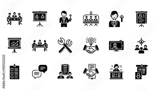 A set of black and white vector icons depicting business and teamwork concepts