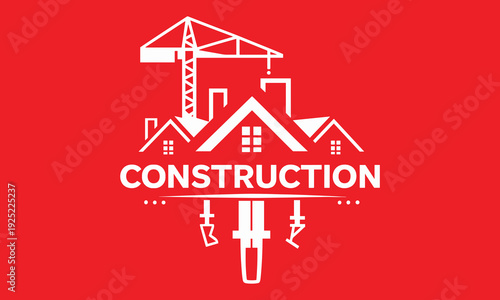 Construction logo with crane and house roof, modern building company vector illustration isolated for contractor branding and real estate business design