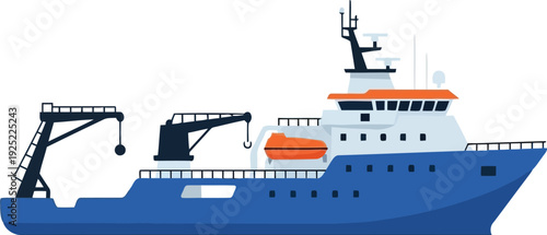 Modern Research Vessel Illustration – Blue Oceanographic Ship with Crane and Lifeboat, Flat Vector Design