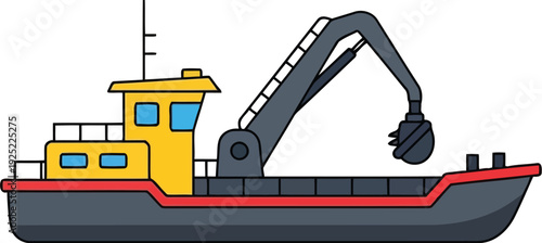 Cartoon Dredger Ship Illustration – Industrial Excavator Boat for Marine Construction and Harbor Projects
