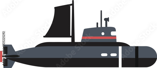 Modern Military Submarine Vector Illustration, Black Navy Vessel Side View, Isolated Clipart