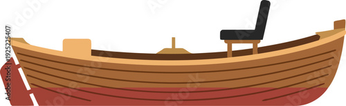 Wooden Rowboat with Chair Isolated on White Background, Traditional Fishing Boat Vector Illustration