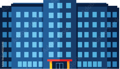Modern blue office building vector icon with red entrance and square windows.
