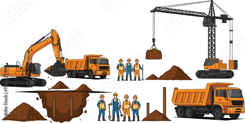 Construction site set with excavator crane dump trucks workers and excavation pit heavy machinery operation urban infrastructure development vector illustration
