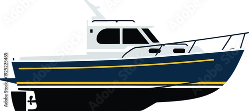 Modern Motor Yacht Vector Illustration – Luxury Cabin Cruiser Boat Isolated on White Background