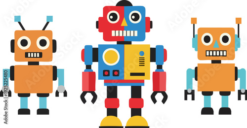 Set of 3 Colorful Flat Design Robot Characters Vector