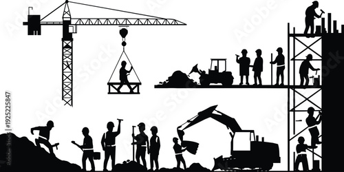 Construction site silhouette with crane, excavator and workers, industrial building vector illustration isolated for civil engineering, urban development and infrastructure projects