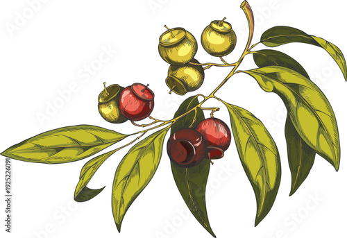 Watercolor sketch of a sandalwood branch with green leaves and berries.