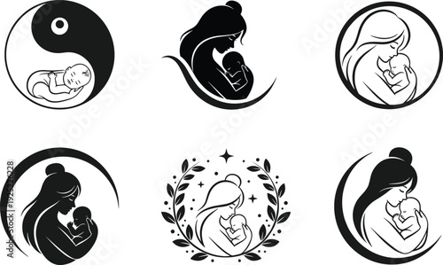 Mother holding newborn baby logo collection, maternal love silhouette icons, breastfeeding symbols, infant care emblems,