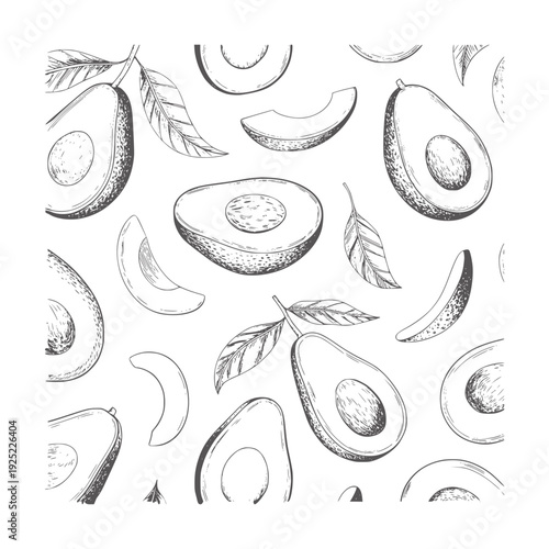 Black and white hand drawn of avocados and leaves fruit food healthy organic