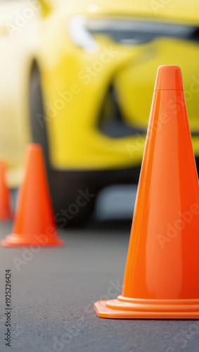 Orange traffic cones on asphalt surface with yellow car, driver training equipment focus, vehicle safety practice, road maneuvering exercise tools, defensive driving essentials, automotive education
