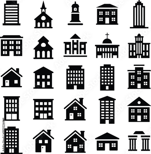 Building Icon Silhouette Set with House Office Church School and Skyscraper Black Vector Illustration Collection for Real Estate Urban Planning and Architecture Design