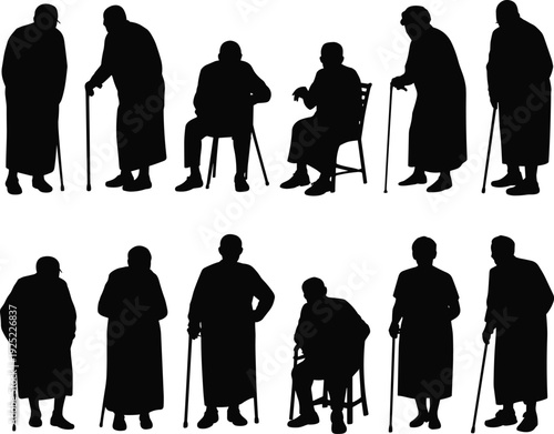 Elderly People Silhouette Set with Senior Men and Women Standing Sitting and Walking with Cane Black Vector Illustration Collection for Healthcare and Retirement Concepts