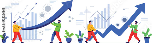 Business growth and success flat vector illustration. Two men pushing up a blue arrow on a background of bar charts and line graphs, symbolizing progress and improvement.