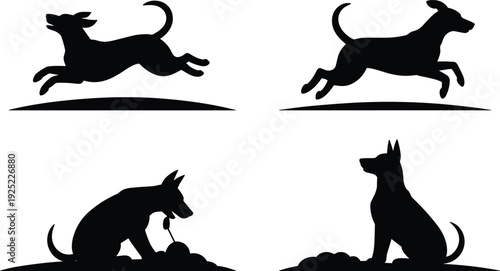 Dog silhouette collection featuring running jumping digging and sitting canine poses isolated on white background vector illustration for pet design branding