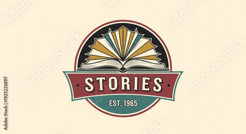 Vintage book logo with 'stories est 1965' on cream background symbolizing literature and nostalgia