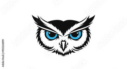 Owl face with blue eyes looking.
