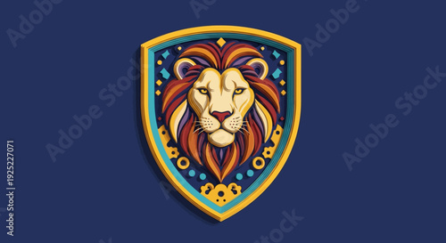 Lion head in shield emblem logo.