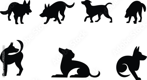 Dog silhouette collection in various poses, black canine vector set isolated for pet design, animal graphics, logo creation, branding and clipart