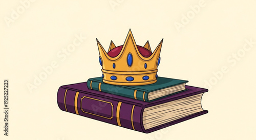 Stack of books with a golden crown on top symbolizing knowledge royalty and luxury in a simple illustration style