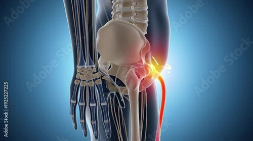 3D anatomy of a woman displaying inflammation and hip pain