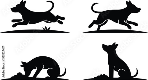 Dog silhouette collection with running leaping digging and sitting canine poses isolated on white background vector illustration for pet branding and logo design