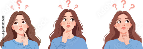 Three cartoon women with long brown hair in blue sweaters, looking up and thinking with question marks above their heads, on a white background.