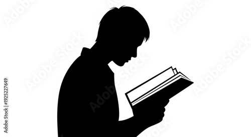 Silhouette of a man reading a book in profile focused on the text with a plain white background
