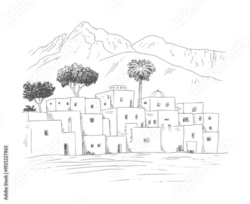 Black and white line of a desert village with mountains and palm trees