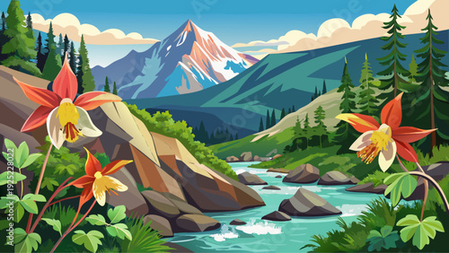 Very beautiful close-up wild columbine flowers blooming beside mountain streams in Colorado’s serene high country.
