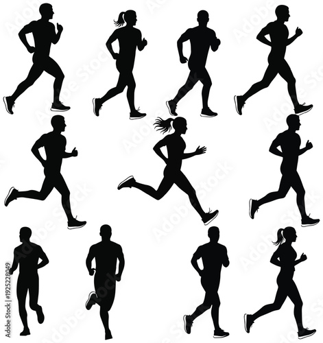 Collection of running man and woman silhouettes. Male and female runner figure shapes in dynamic jogging and sprinting motion poses. Slim, healthy, athletic body proportions.