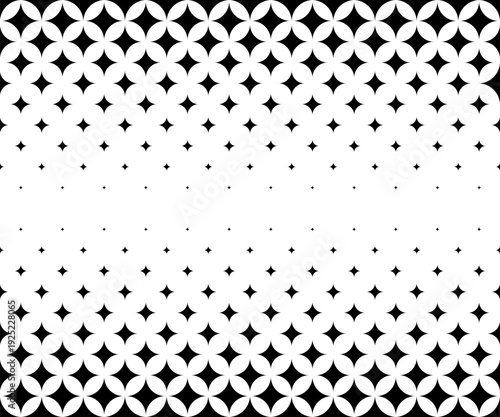 Geometric halftone pattern with black four-pointed stars. Minimalist geometri...