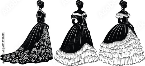 Victorian women dresses silhouette vintage fashion elegant gown historical clothing lady costume vector illustration classic style collection