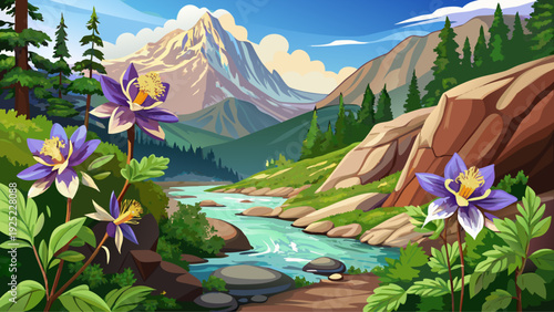 Very beautiful close-up wild columbine flowers blooming beside mountain streams in Colorado’s serene high country.
