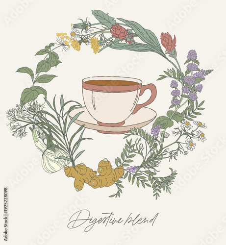 Digestive Herbal Blend Wreath with Tea Cup